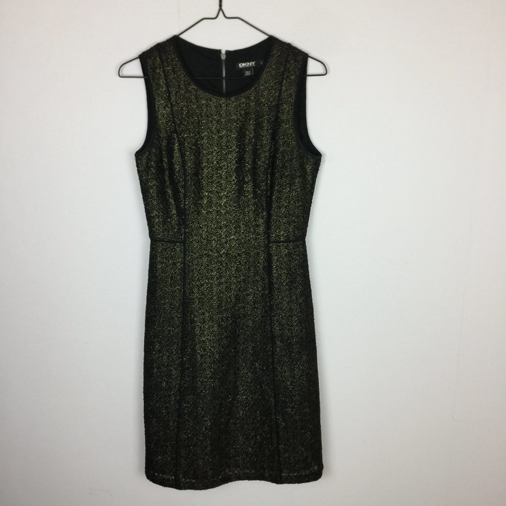 DKNY Sheath Lace Dress Size 2 Womans Black Gold Sleeveless Lined Round Neck